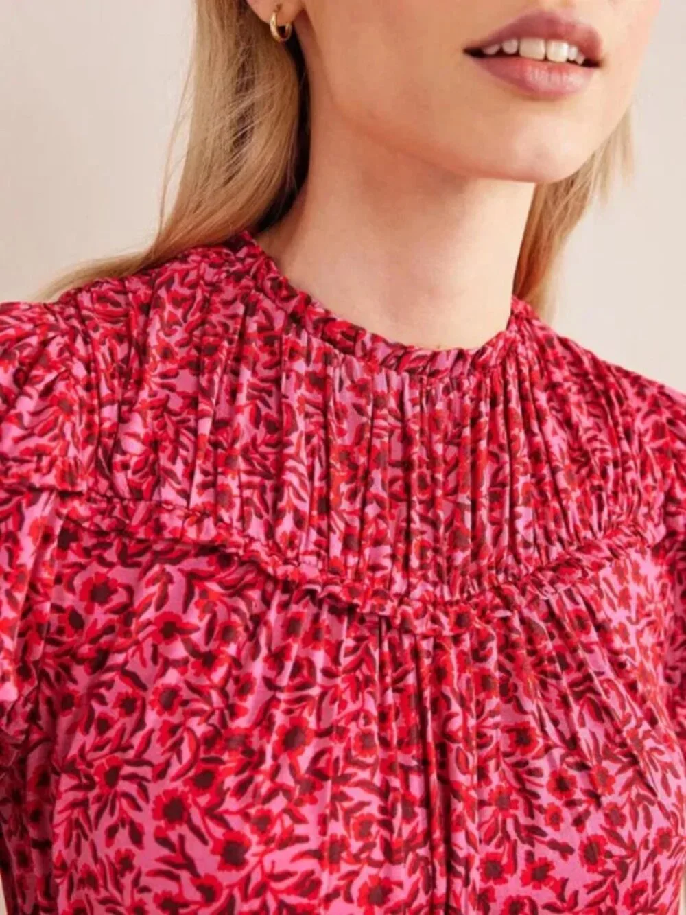 Boden pink floral ruched Yoke Detail Jersey Midi Dress Size 10R 36413 - Picture 2 of 14